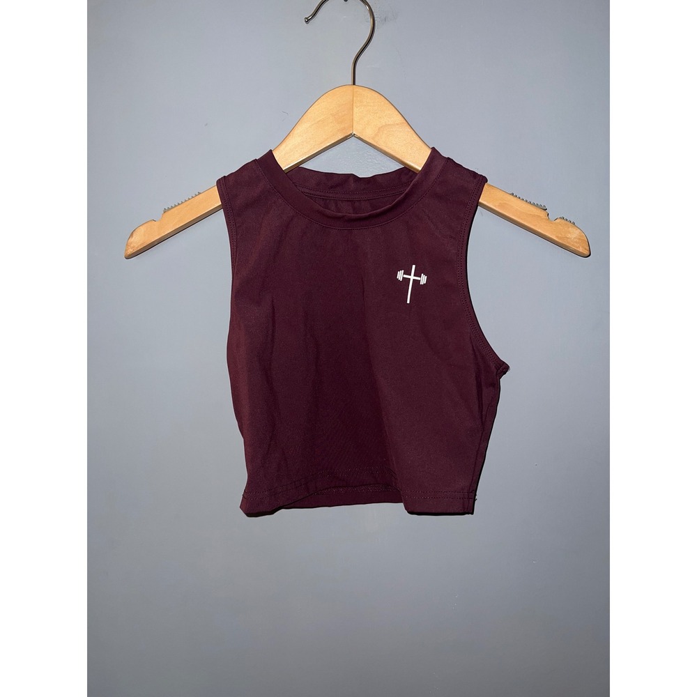 Holstrength Womens Burgundy Cross Barbell Graphic Athletic Crop Tank Top XS